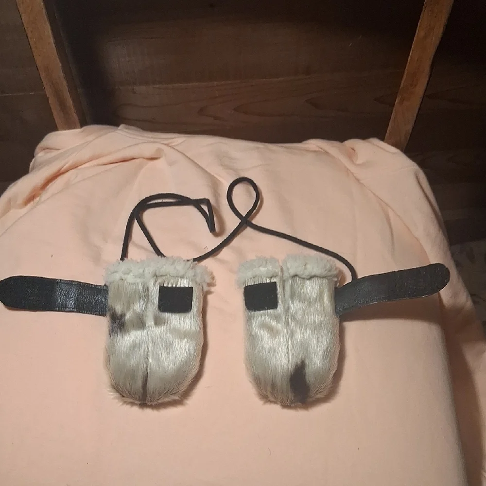 Faux Fur Hand Muffs with Leather Trim and Tie Strap - Beige